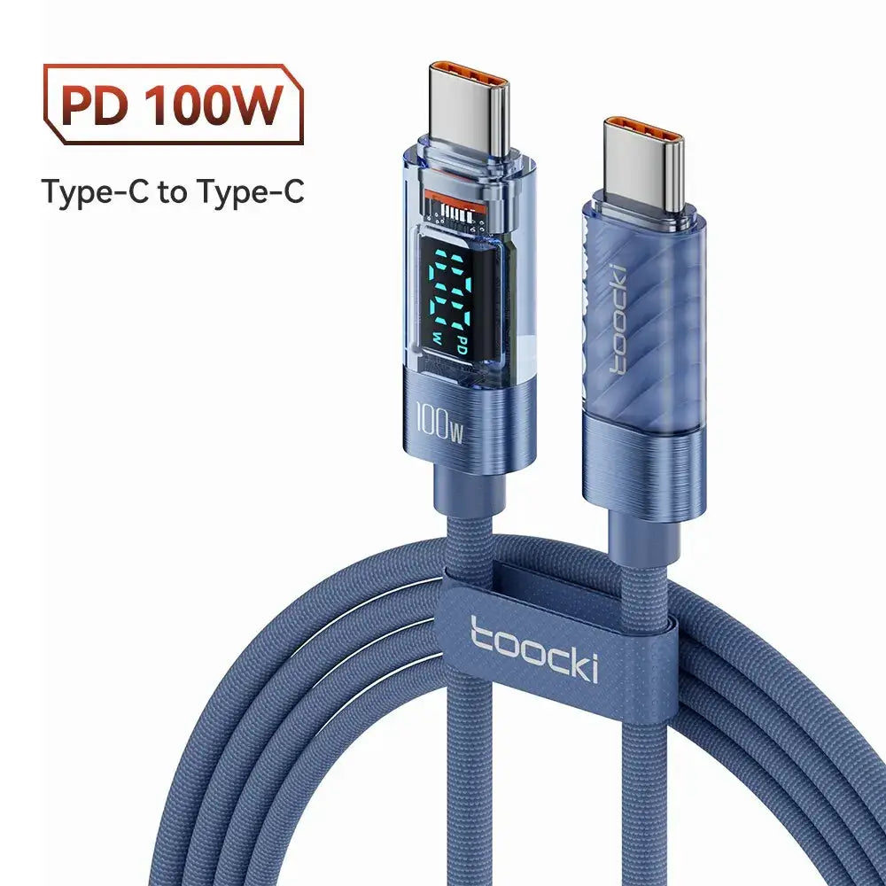 Toocki USB-C to USB-C cable, 100W PD display, blue transparent braided design (Simples Market)