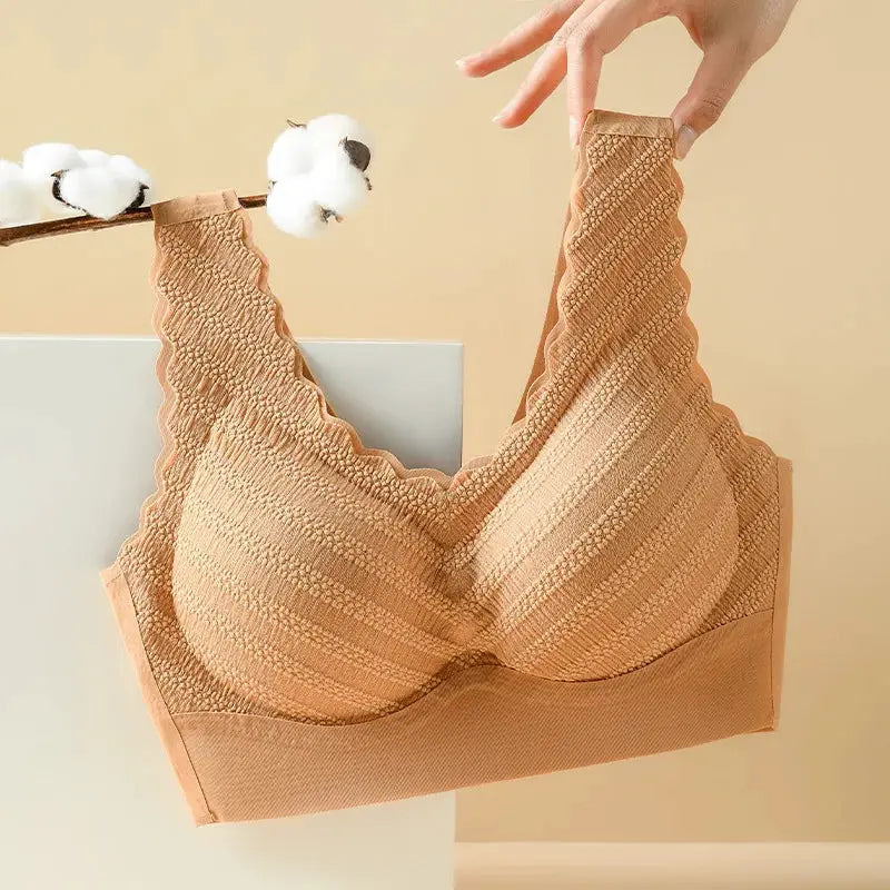 Seamless wireless sports bra in nude beige with textured knit, scalloped-edge straps, non-wire bralette