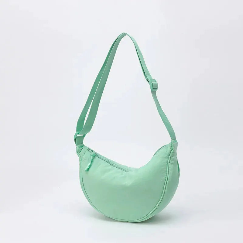 Simples Market nylon crescent crossbody bag, mint green dumpling style with zipper and adjustable strap, large capacity