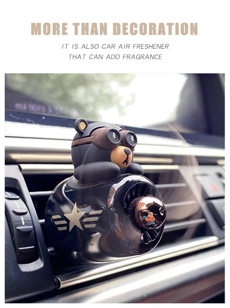 Bear pilot car air freshener vent clip, black cartoon bear with goggles.