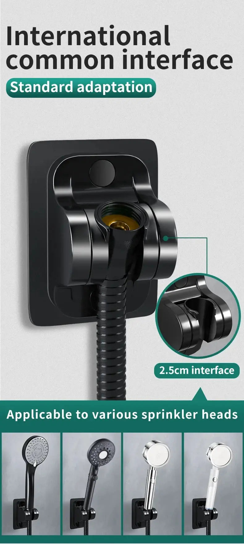Black adjustable shower head bracket with 2.5 cm interface for compatible shower heads.