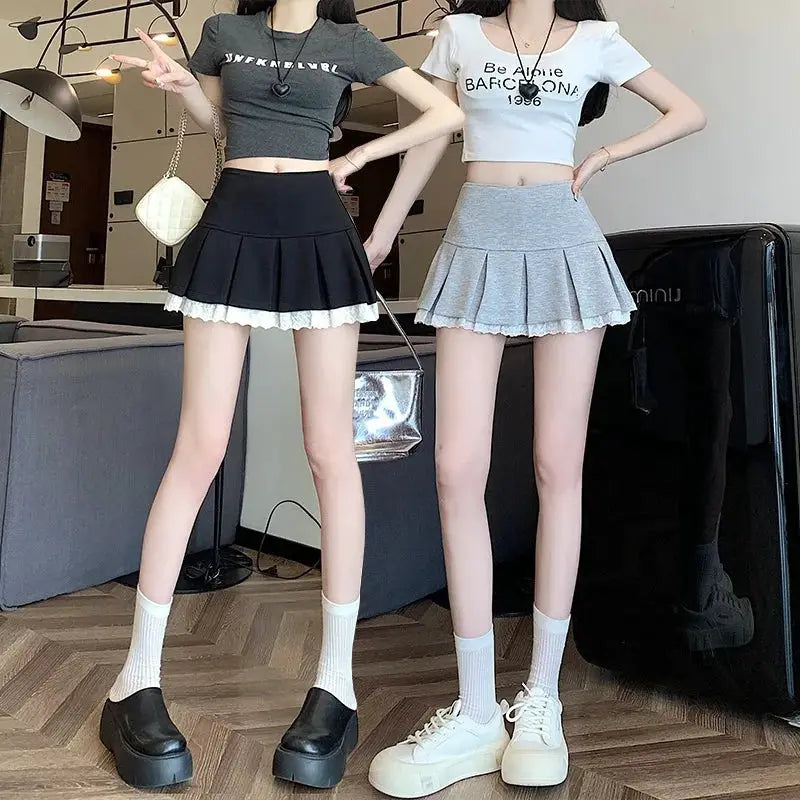 Flume edge lace skirts by Simples Market; black and gray pleated A-line skirts with lace trim (2 pcs)