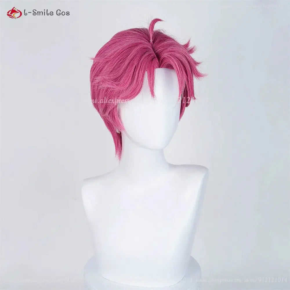 Cosplay wig pink, short layered anime style, heat resistant synthetic hair, L-Smile Cos logo.