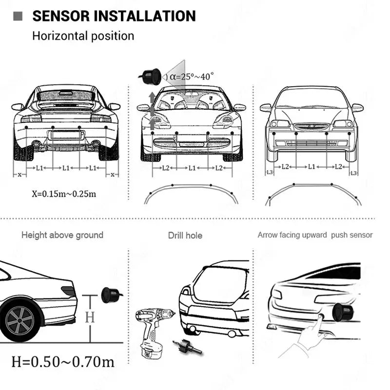 Car reverse radar kit by Simples Market with 4 bumper sensors, LED distance display, and sound warning