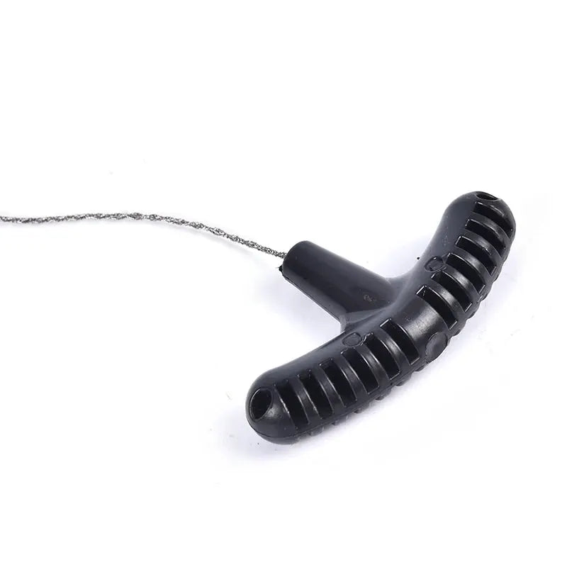 Manual rope chain saw with a black plastic handle for camping and survival gear