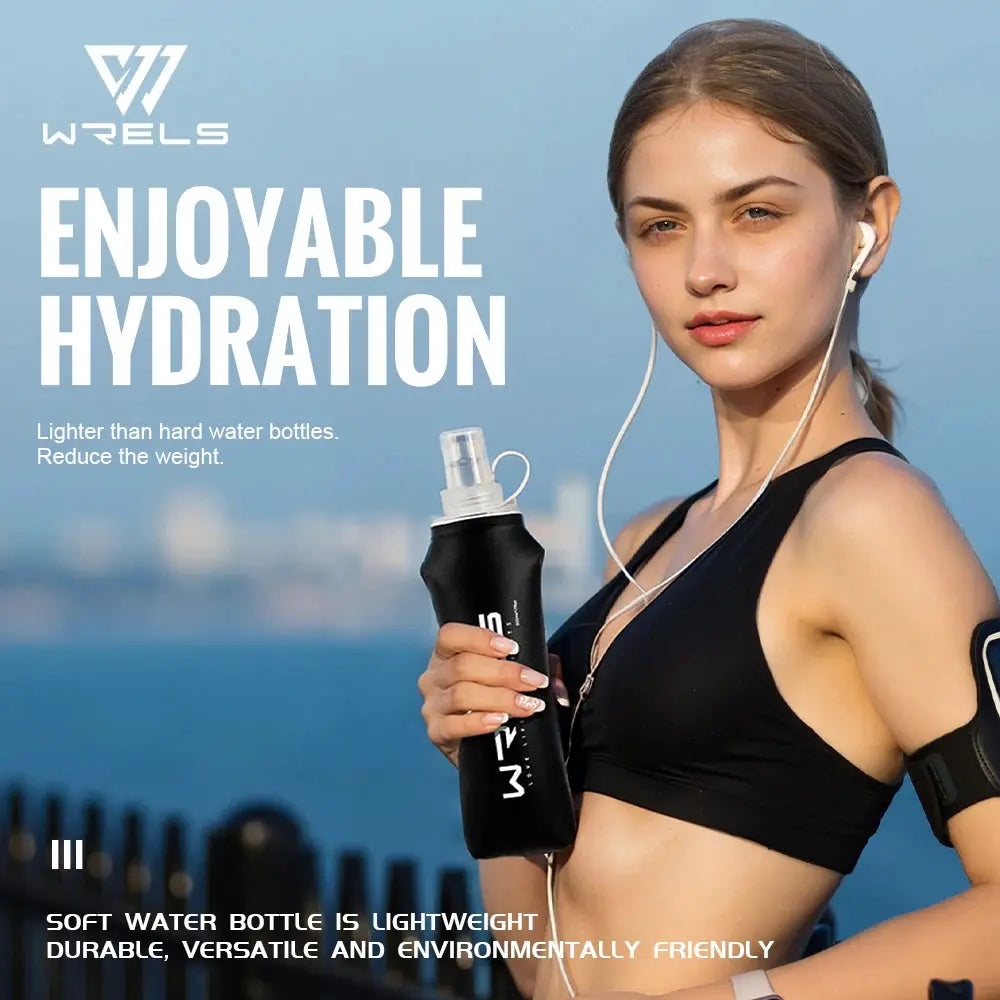 WRELS soft flask water bottle by Simples Market; black TPU collapsible, BPA-free hydration bottle.