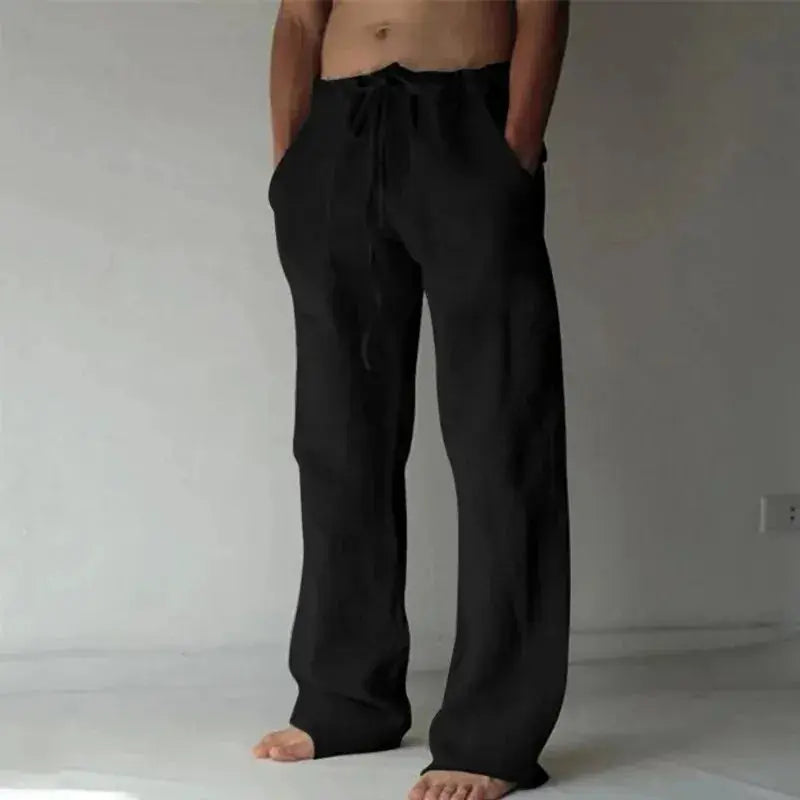 Men's Cotton Linen Long Pants Solid Color Summer Breathable Trousers Elastic Waist Casual Harajuku Style