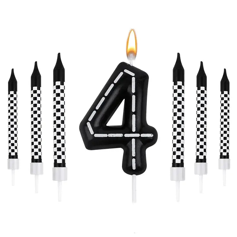 7 Piece Set Racing Car Themed Birthday Number Candles Black White Checkered Cake Topper For Kids Birthday Party