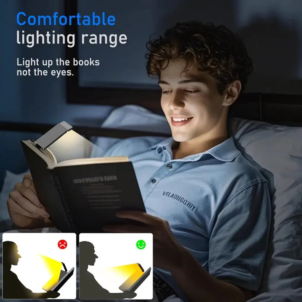 LED Rechargeable Clip-On Book Light by Simples Market, gray clip-on lamp with 3 colors and 5 brightness levels.