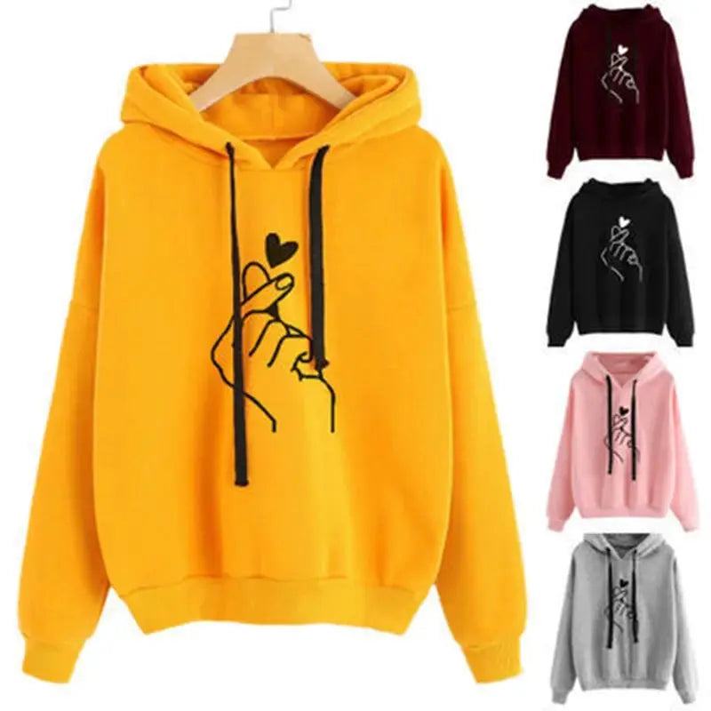 SeoulStyle Autumn Fleece Hoodie Cozy Korean Fashion Sweatshirt For Women With Finger Heart Graphic And Pockets