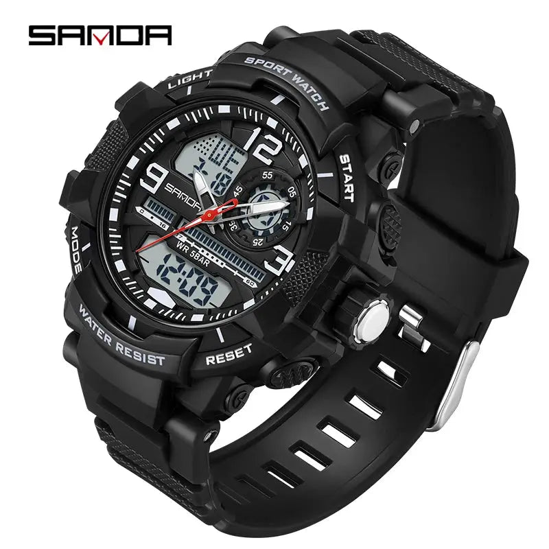 SANDA 6130 dual-display men's sport watch, black rugged waterproof analog-digital with LED display