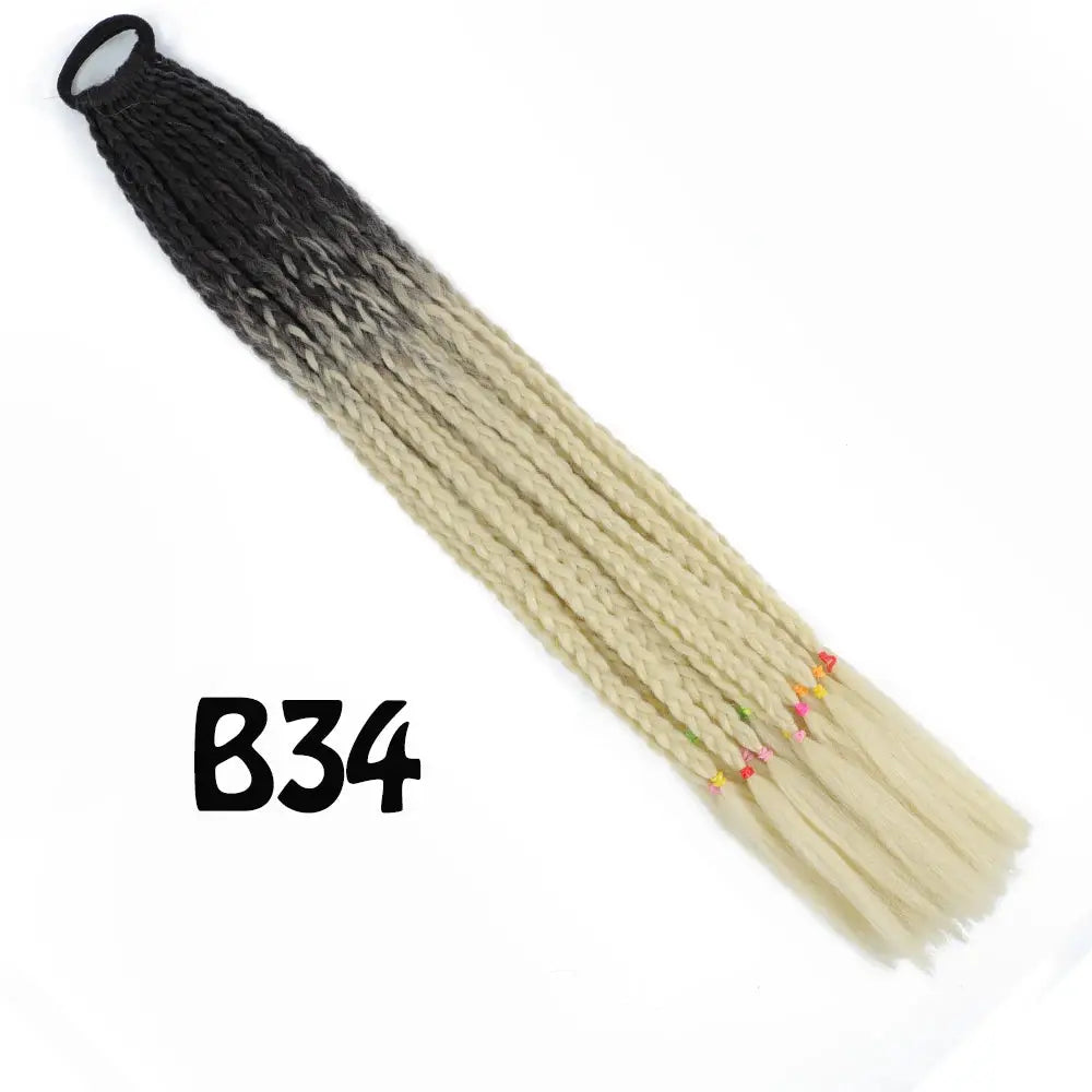 Synthetic gradient rainbow braided ponytail extension with elastic band, 24-inch long, black to blonde ombre.
