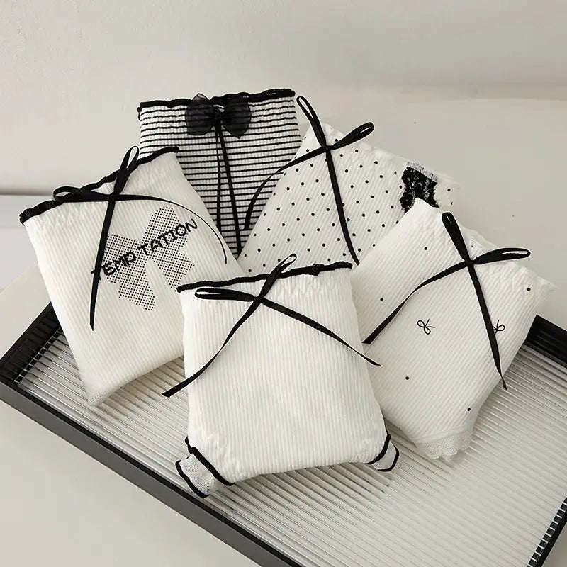 Simples Market M-XL women's white panties, 6-pack with black ribbon bows