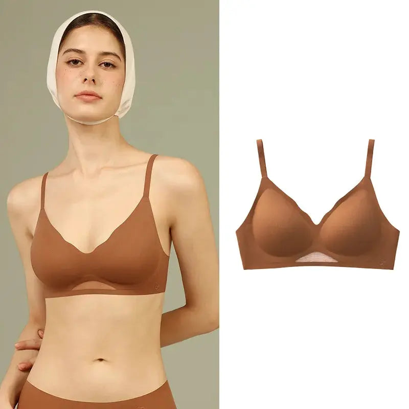 SUJIIN seamless push-up bra, wireless, caramel brown; two views: worn by model and laid-flat product MX225.