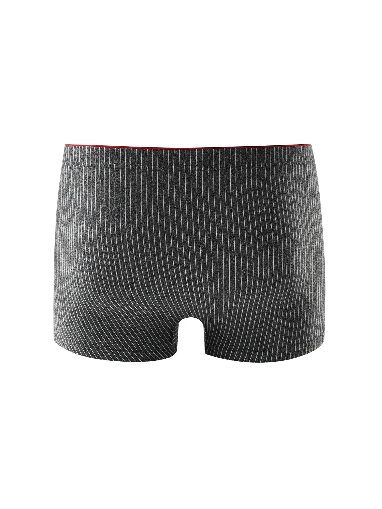 Men's striped gray boxer briefs with red waistband trim