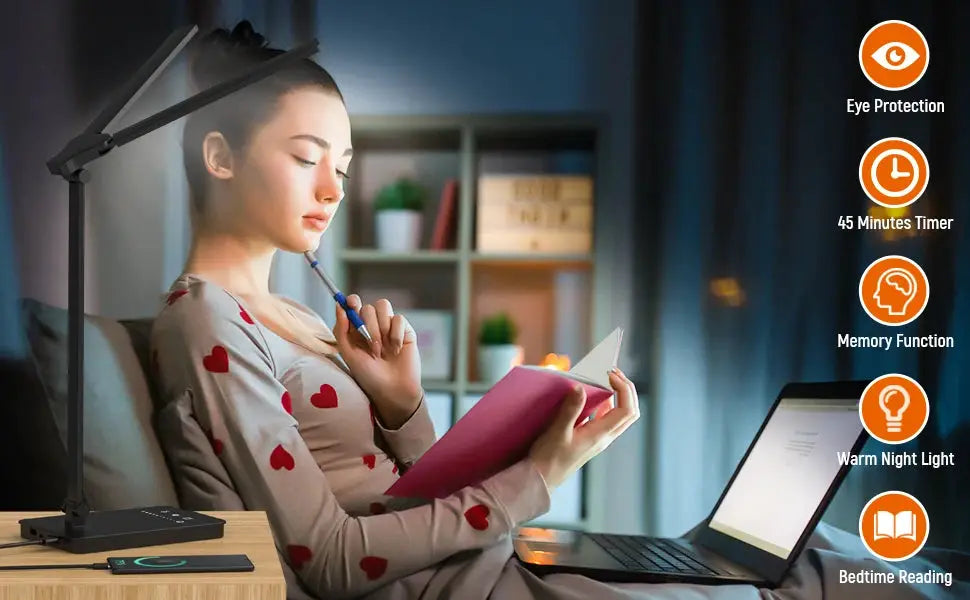 Double Head LED Desk Lamp in black with dual swing arms for home office, 5 color modes, 5 dimmable levels, eye-care