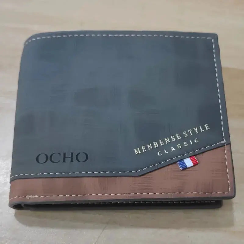 Men's slim frosted leather wallet, black with brown accent, OCHO brand, classic style.