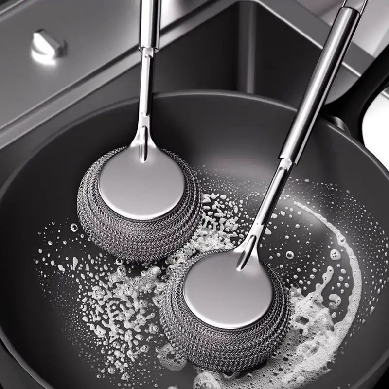 Simples Market stainless steel pot brush set with long-handled steel wool ball brushes for pot cleaning (2-pack)
