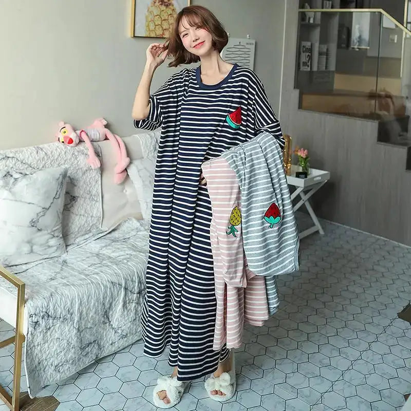CozyNest Plus Size Striped Pajama Dress Lengthened For Summer Homewear Breathable Polyester Blend