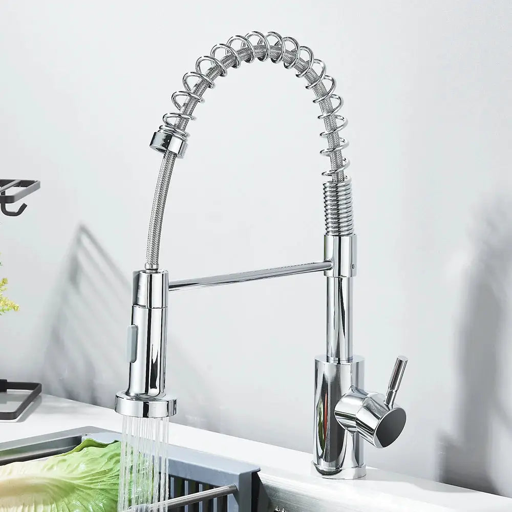 Chrome pull-down kitchen faucet with spring-coil neck, deck-mounted mixer, 360-degree rotation spray