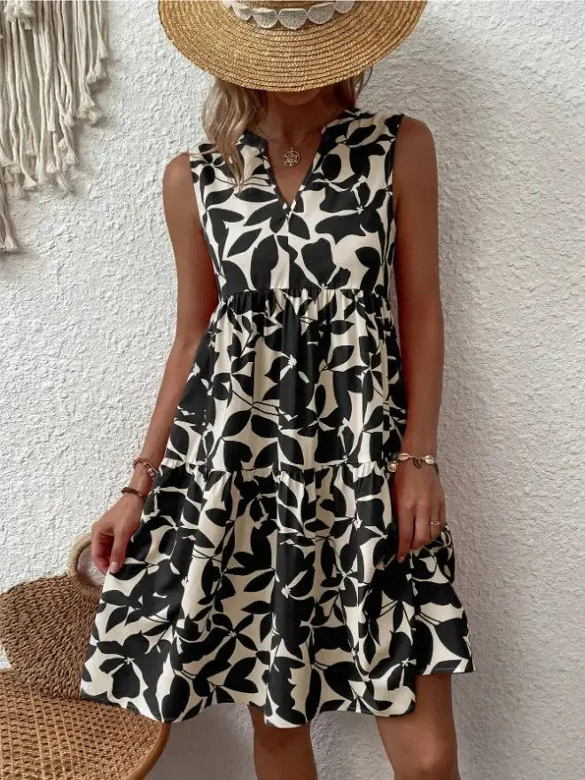 Women Boho Print Mini Dress Sleeveless V Neck Ruffle Beach Sundress