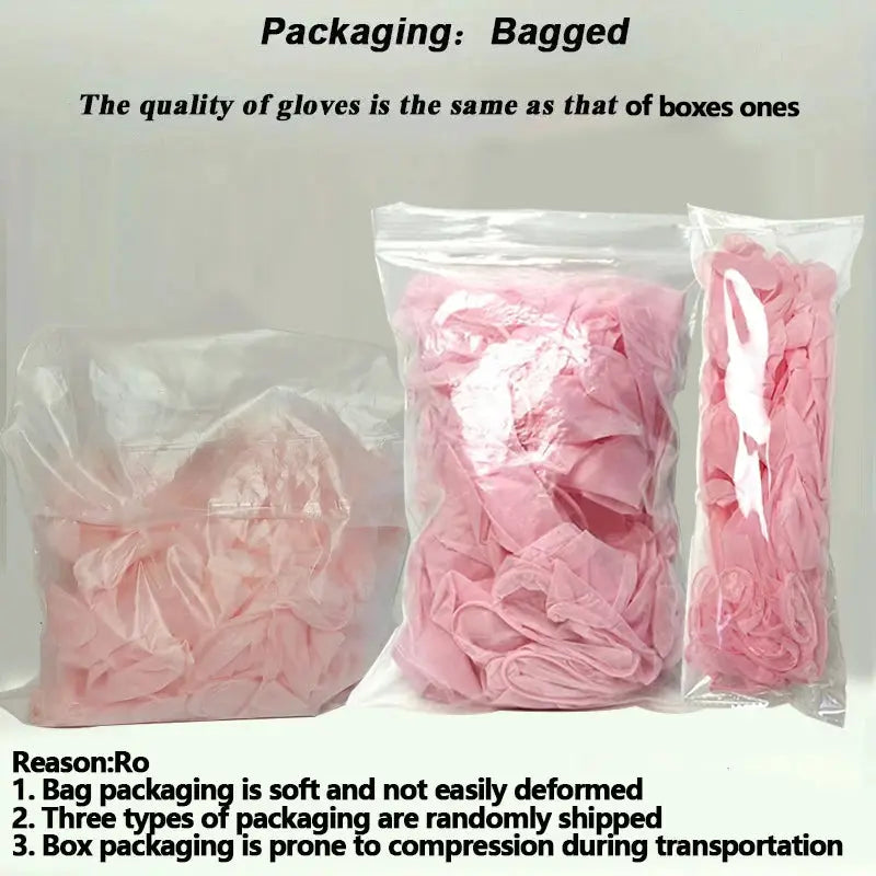 Light pink disposable nitrile gloves, waterproof and anti-static, packed in three clear bags