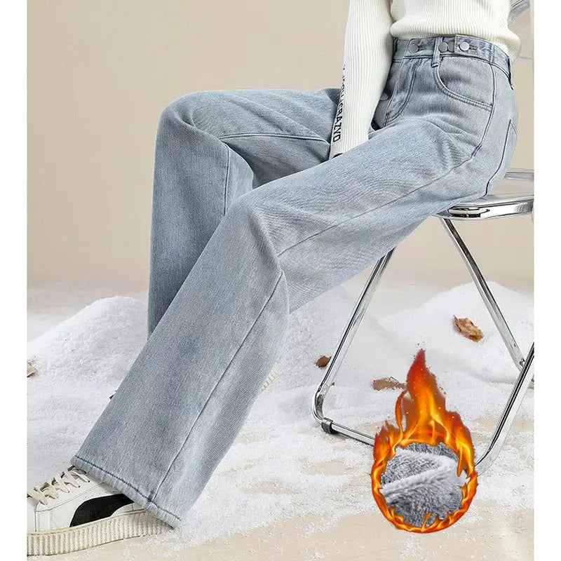 Winter Plush Thermal High Waist Jeans For Women Fleece Lined Pants