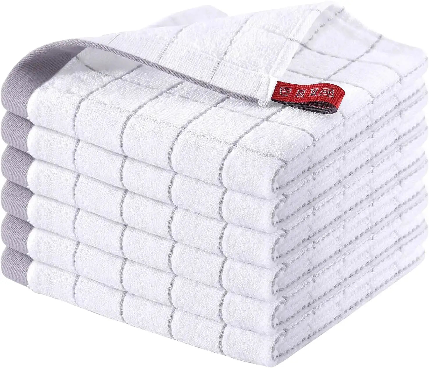 Dish towels 6-pack by Simples Market, white 100% cotton terry with gray grid pattern, 12x12in