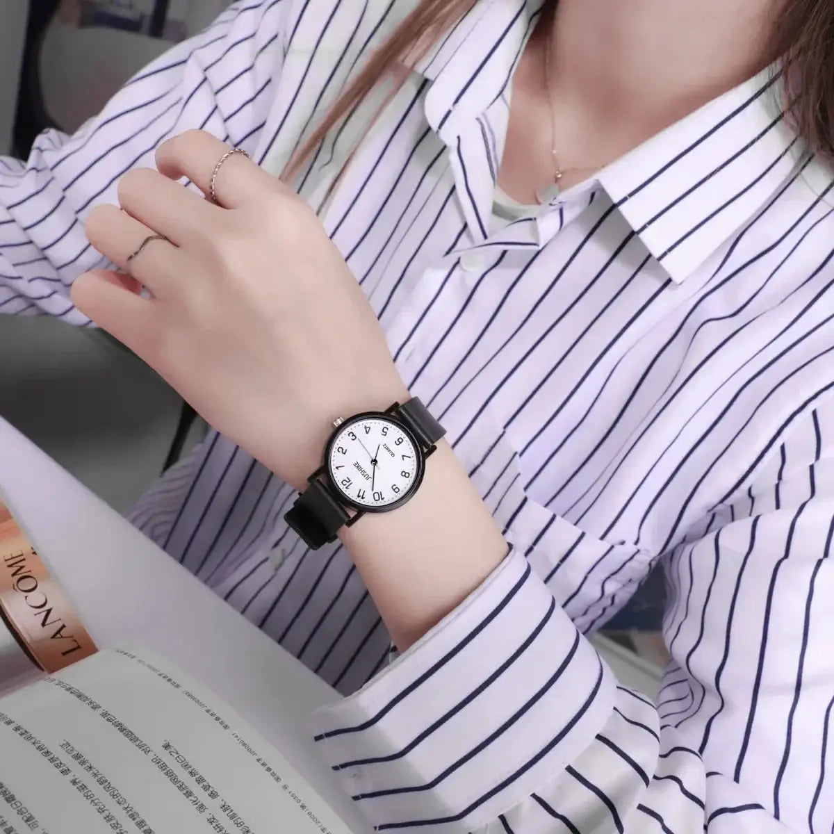NovaTime Minimalist Black And White Women Quartz Watch With Vegan Leather Strap For Everyday Wear