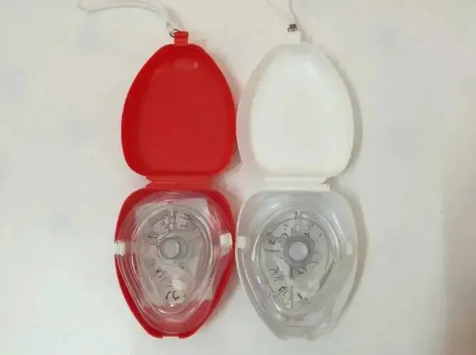 2-pack CPR mask set in red and white cases with clear one-way valve shields for emergency first aid