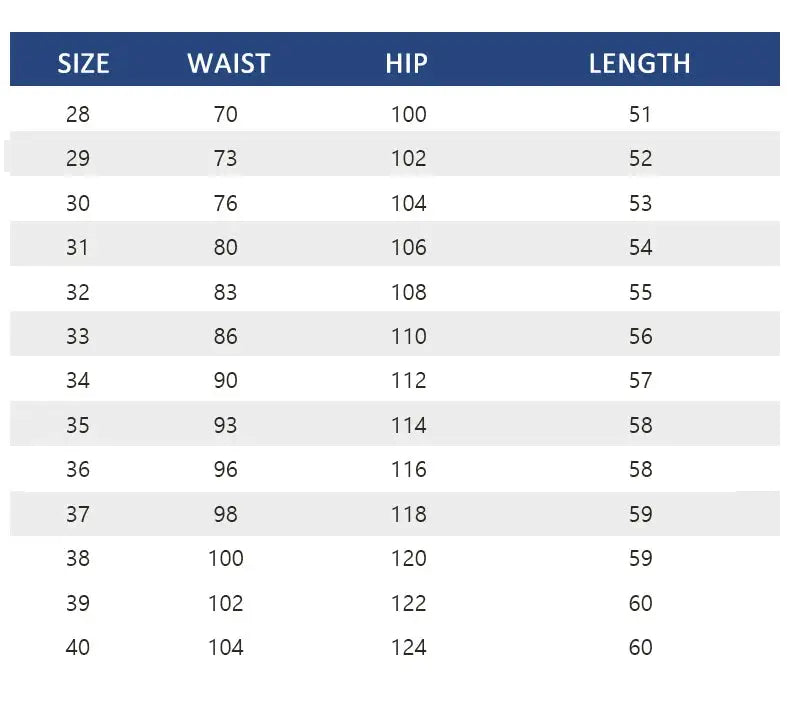 Men's denim pants size chart by Simples Market showing waist, hip and length for sizes 28–40