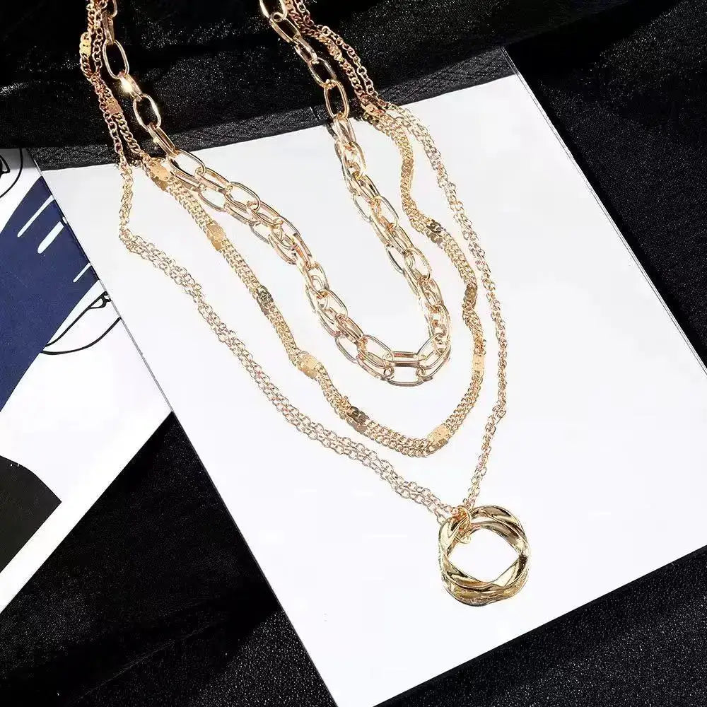 Fashionable Cross Border Round Circle Pendant Necklace Exaggerated Multilayer Versatile Unisex Zinc Alloy Jewelry