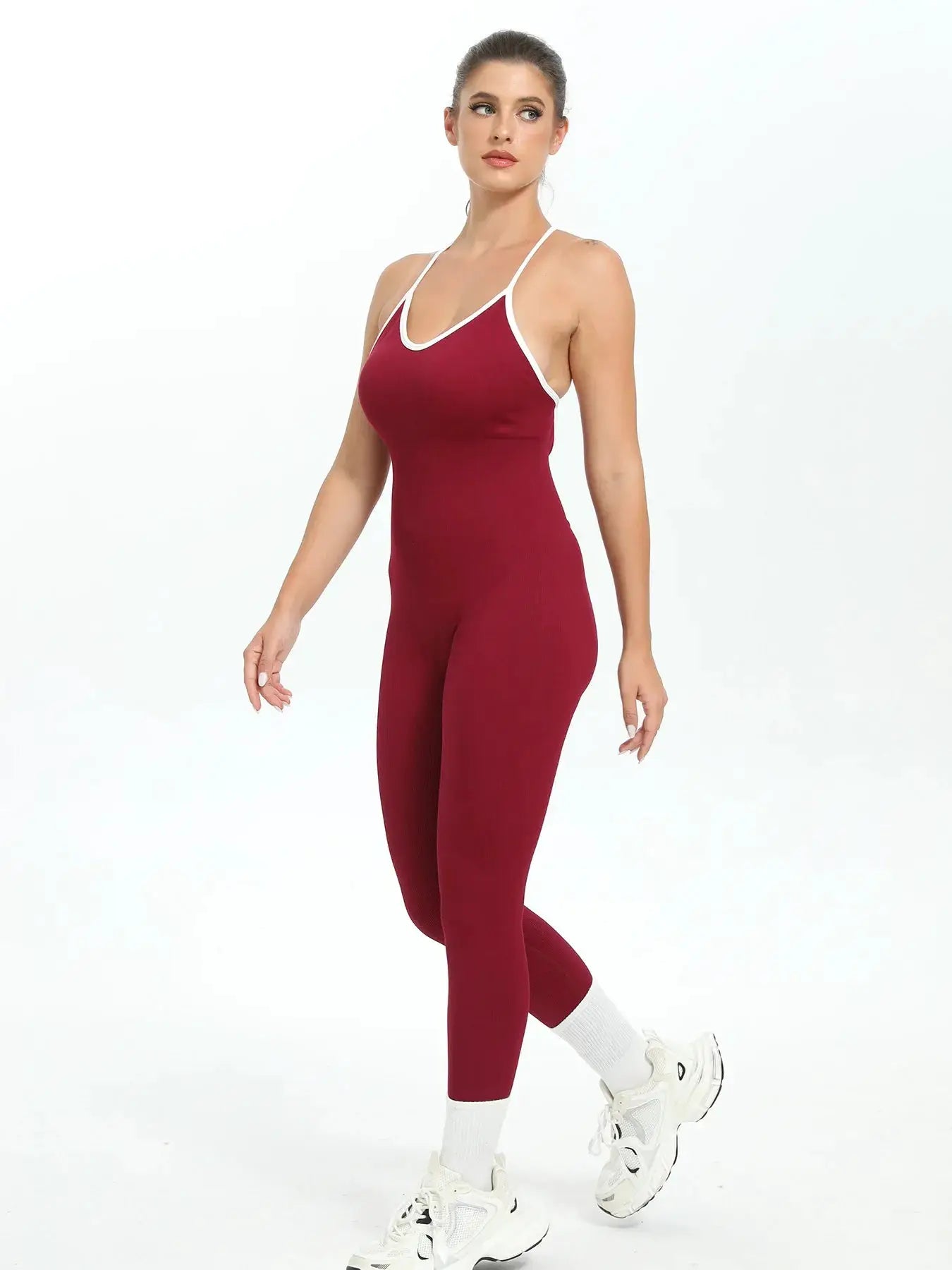Women seamless ribbed jumpsuit in burgundy with white trim, color-block athletic bodysuit
