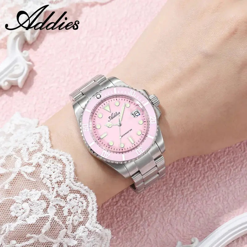 Adddies women's pink dial quartz watch with stainless steel bracelet and pink ceramic bezel