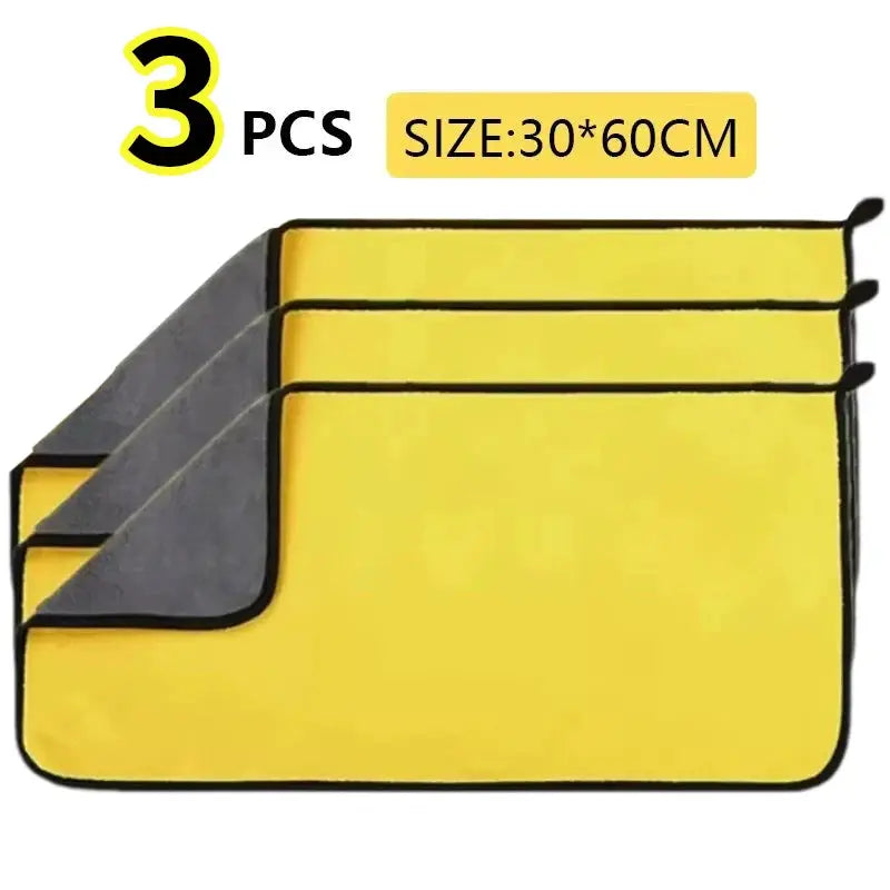 Simples Market 3 pcs car microfiber towels coral fleece, 30x60 cm, yellow with gray backing and black trim