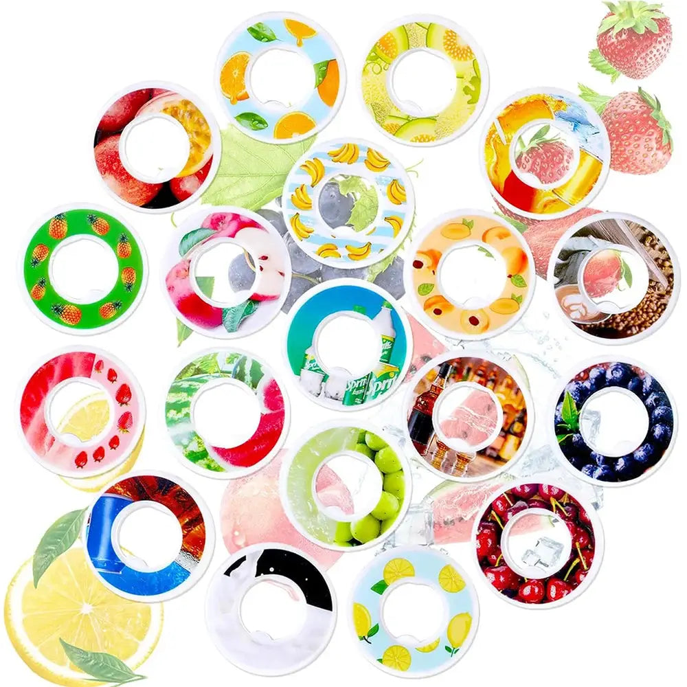 Air flavor pods for water bottles; colorful fruit-scent caps in circular rings, assorted designs