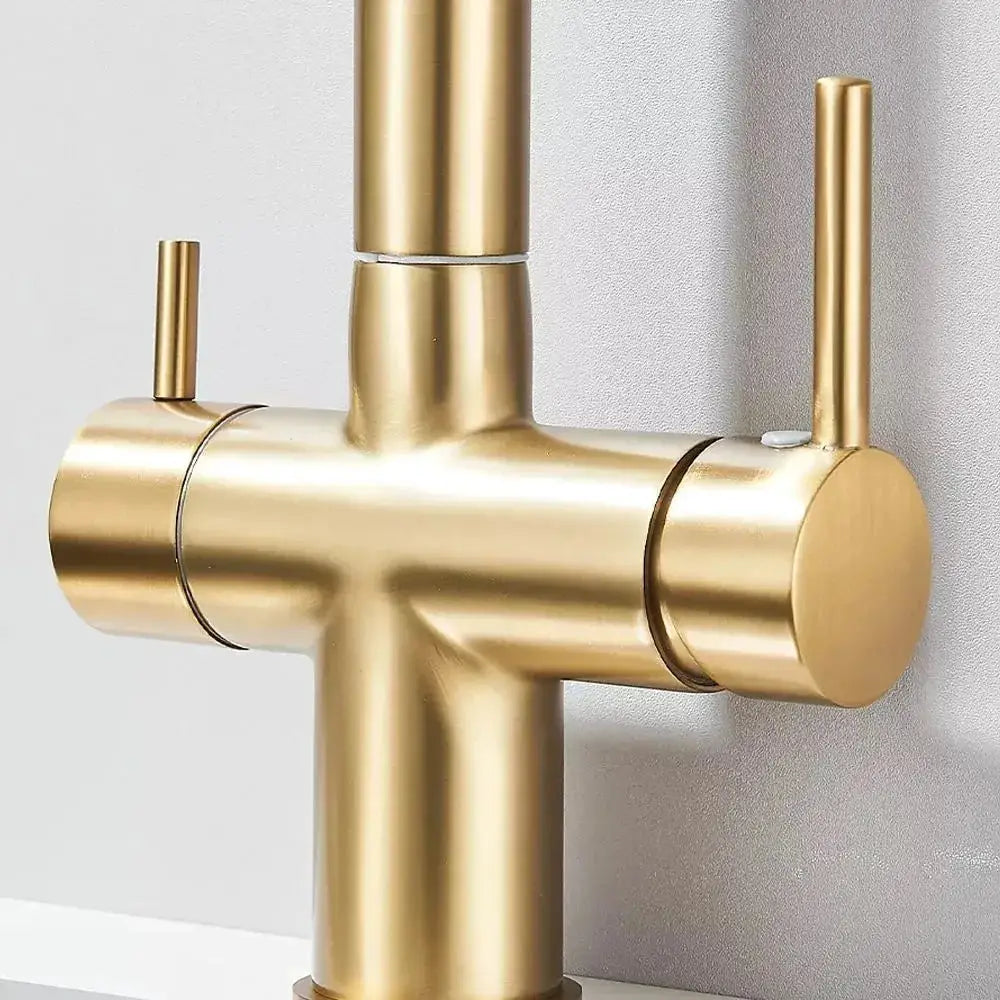 Brass kitchen pull-out filtered faucet by Simples Market with cross-style body and dual side controls.