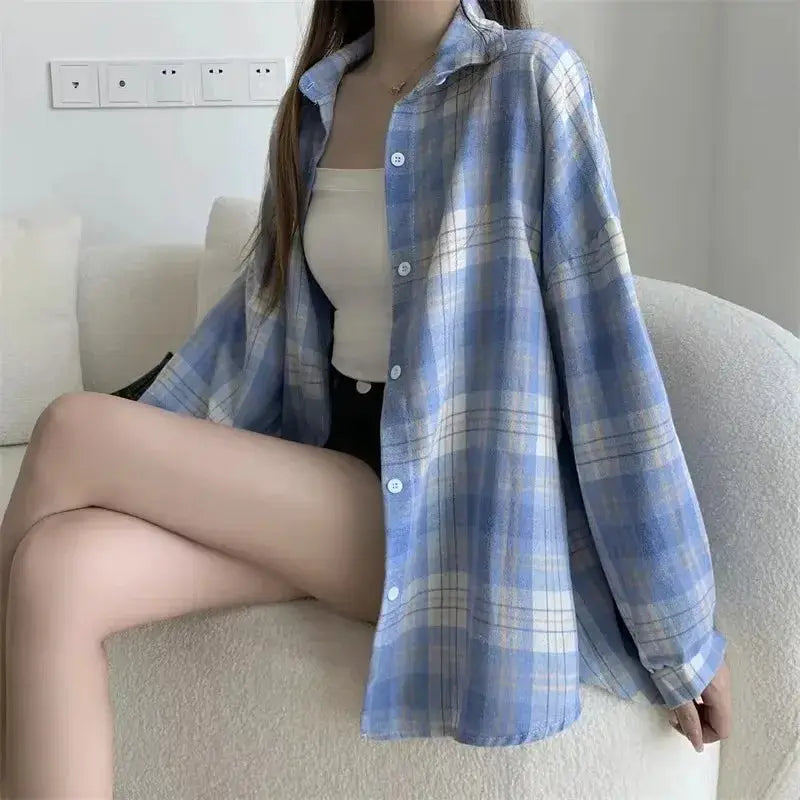 Plaid blue women's shirt, long-sleeve loose-fit button-front blouse with check pattern