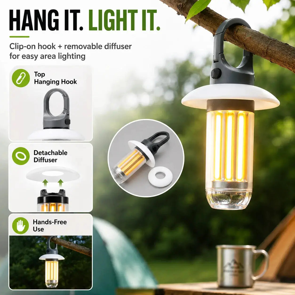 LED rechargeable camping lantern with hanging hook, 5 modes, detachable diffuser, portable tent light