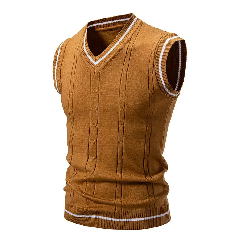 Men's brown V-neck sleeveless knit vest with cable-knit pattern