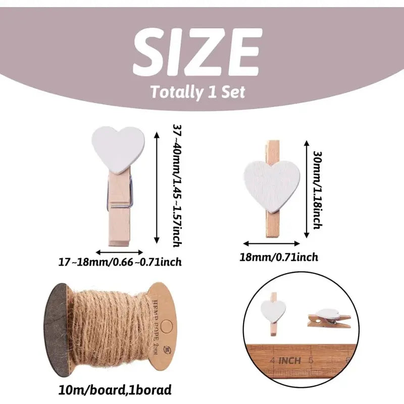 Heart-shaped wooden clothespin set by Simples Market, 50 pcs for paper/photo display and decor