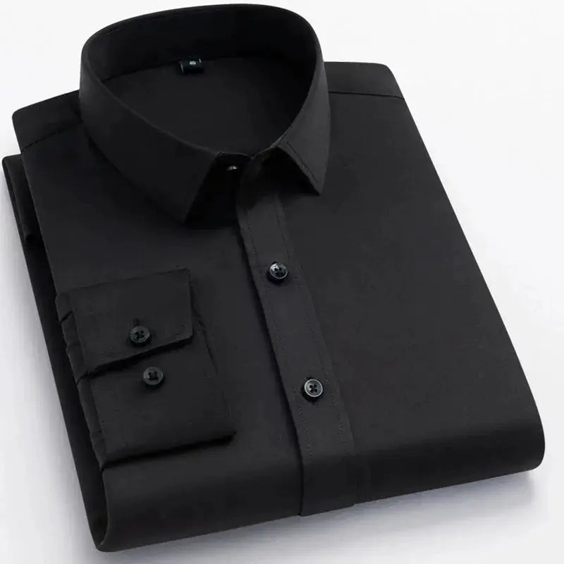BAMBOOPLE black non-iron office shirt for men, no pocket, folded with button cuffs.