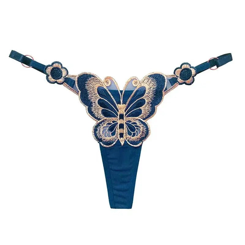 Butterfly lace thong in teal blue with embroidered butterfly design, low-rise G-string