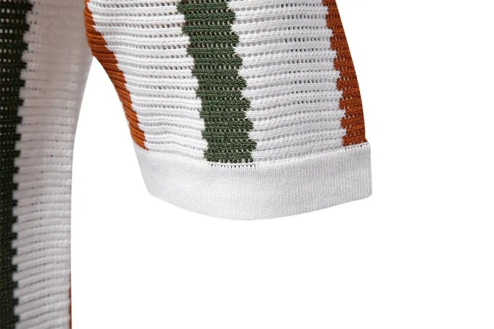 Men's ribbed knit polo shirt sleeve in white with green and orange stripes.