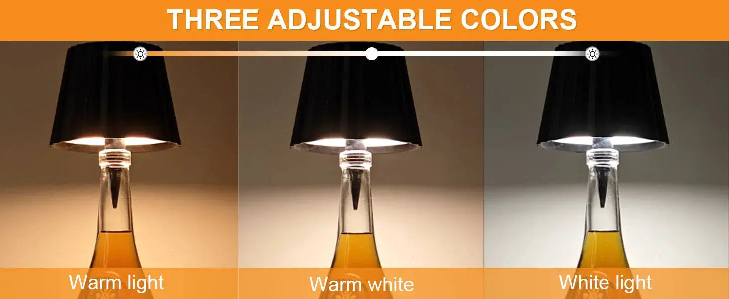 Wireless bottle lamp by Simples Market with touch control; three adjustable colors on a wine bottle