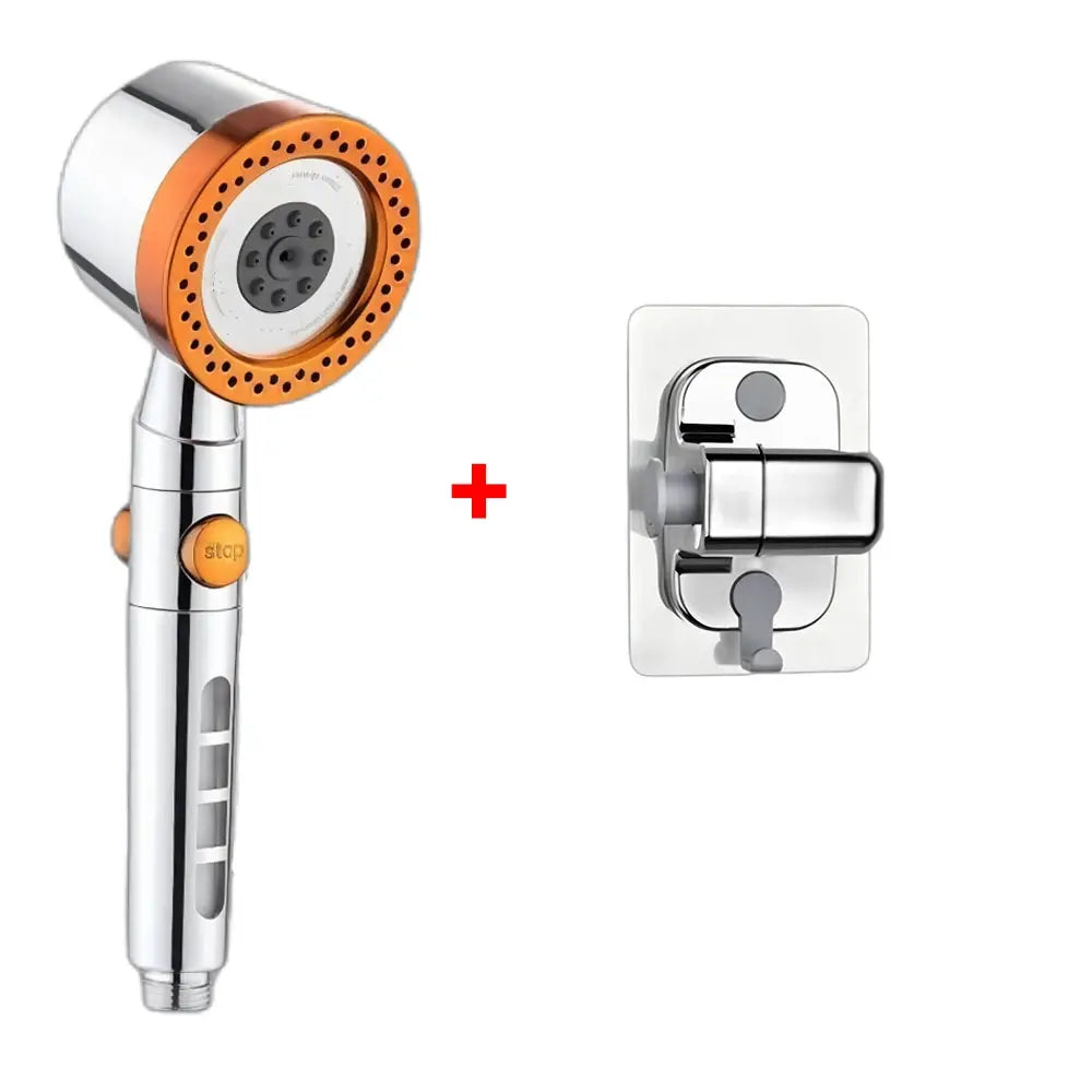 Simples Market 5-mode handheld shower head with orange ring and chrome finish, plus wall mount bracket