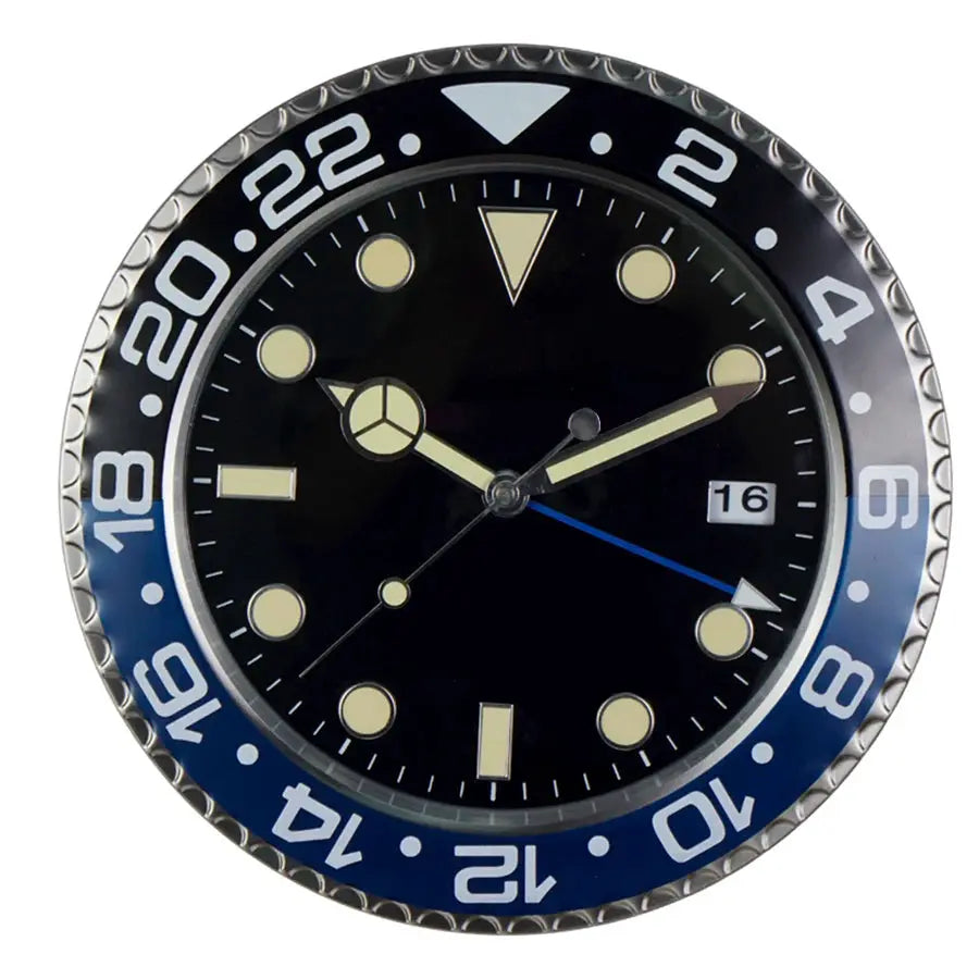Wall clock 34cm by Simples Market; luxury modern metal design with luminescent markers, 24-hour bezel and date window