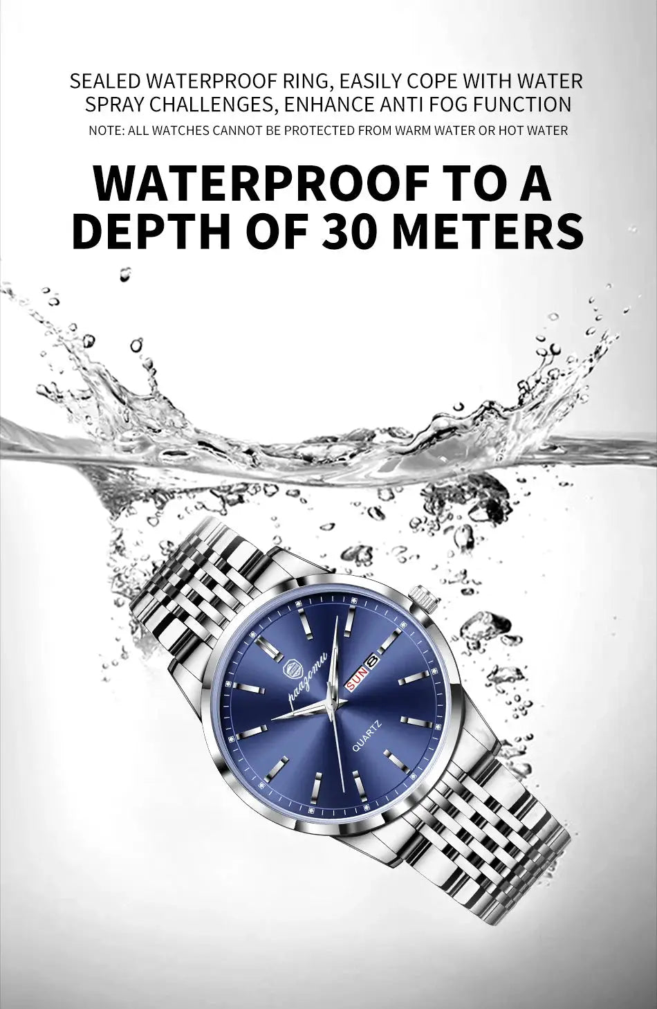 PAAZOMU men's stainless steel quartz watch with blue dial, day-date window, waterproof to 30 meters