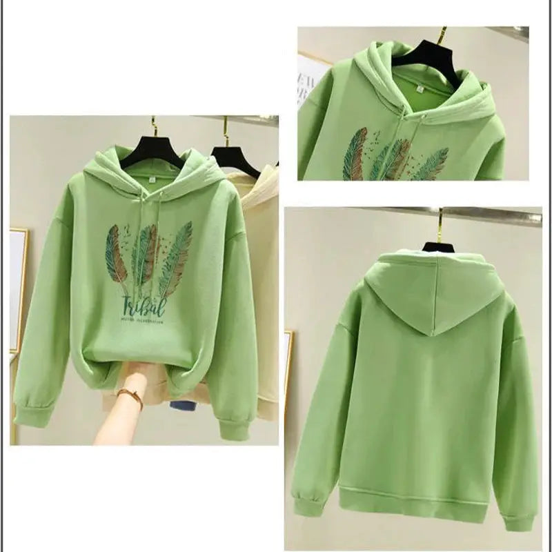 CozyNest Feather Print Hoodie With Velvet Lined Comfort For Women In Autumn And Winter Loose Fit