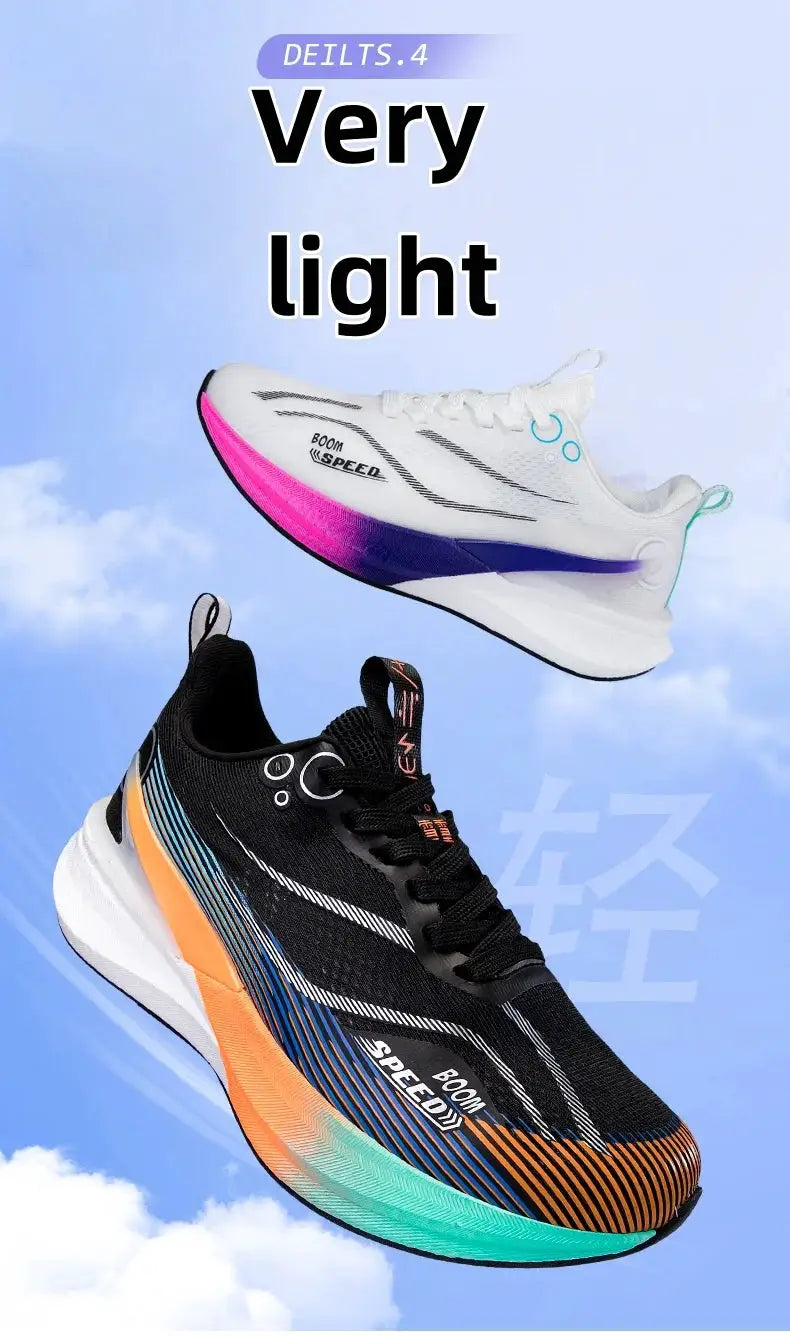 Two lightweight running shoes: white with pink–purple gradient sole and black/orange–blue gradient, Boom Speed logos.